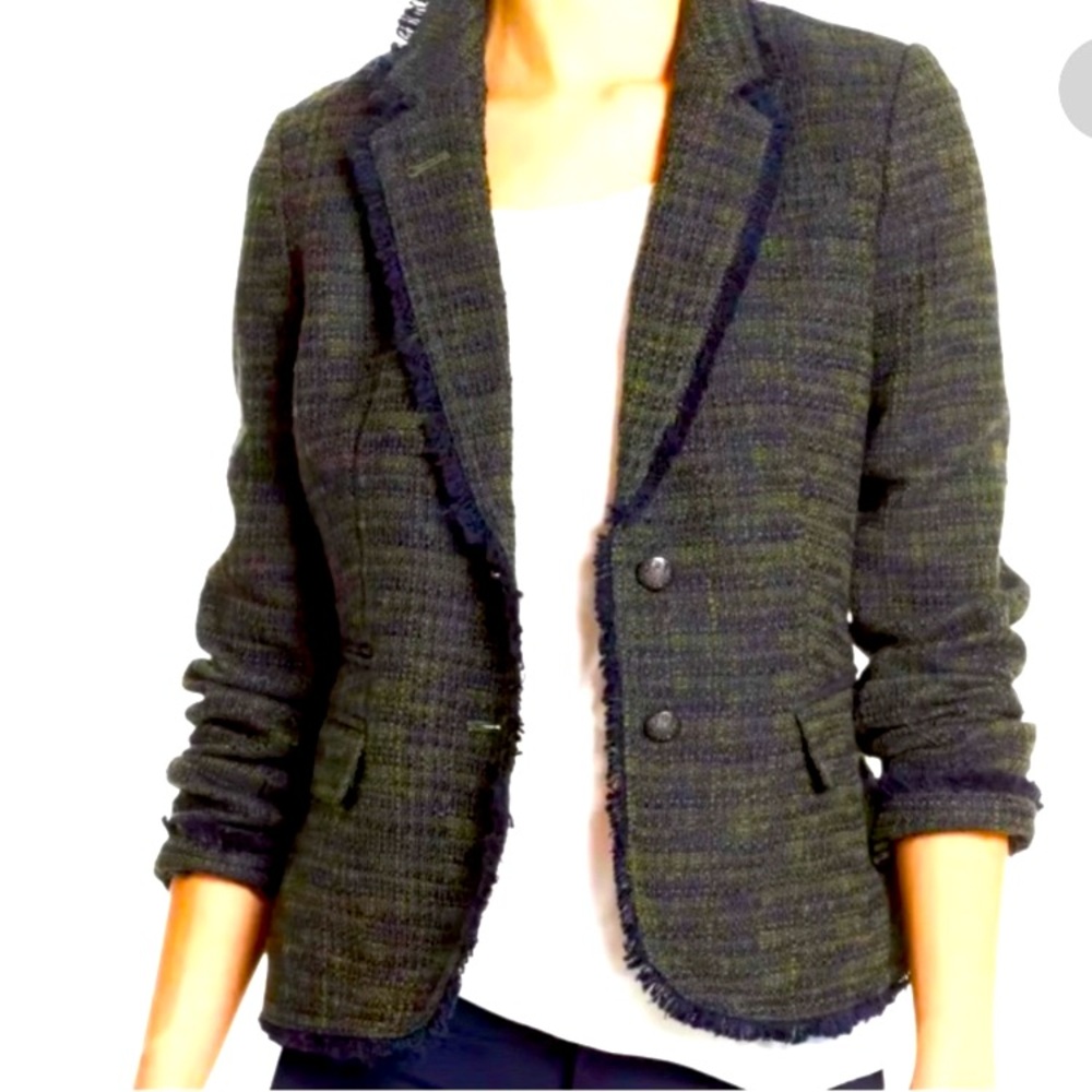 BANANA REPUBLIC Bouclé Tweed Blazer Dark Academia Jacket 8P Blue Green Workwear